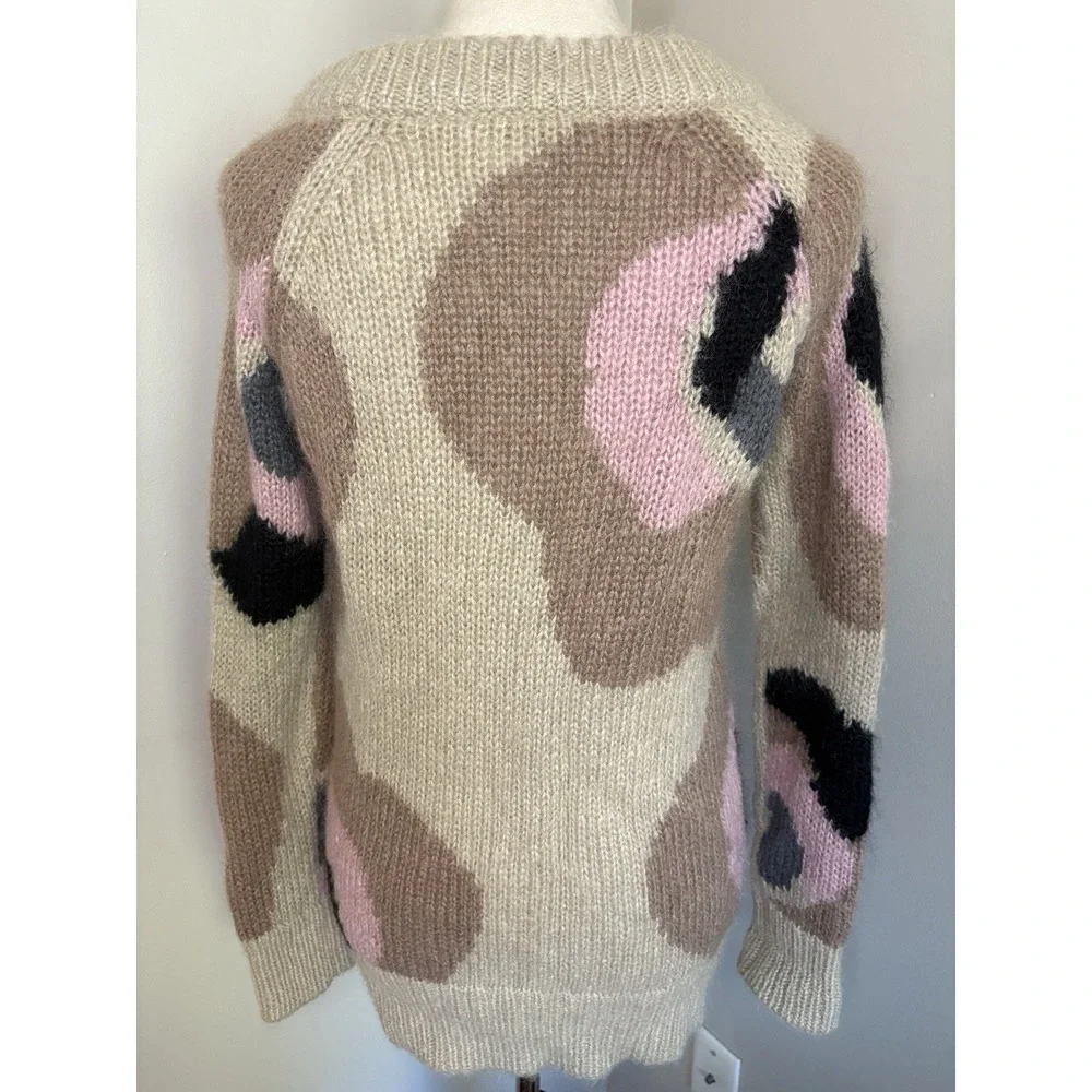 Kate Spade NY Deco Rose Mohair Blend Sweater Beige Pink Floral Intarsia Size XS